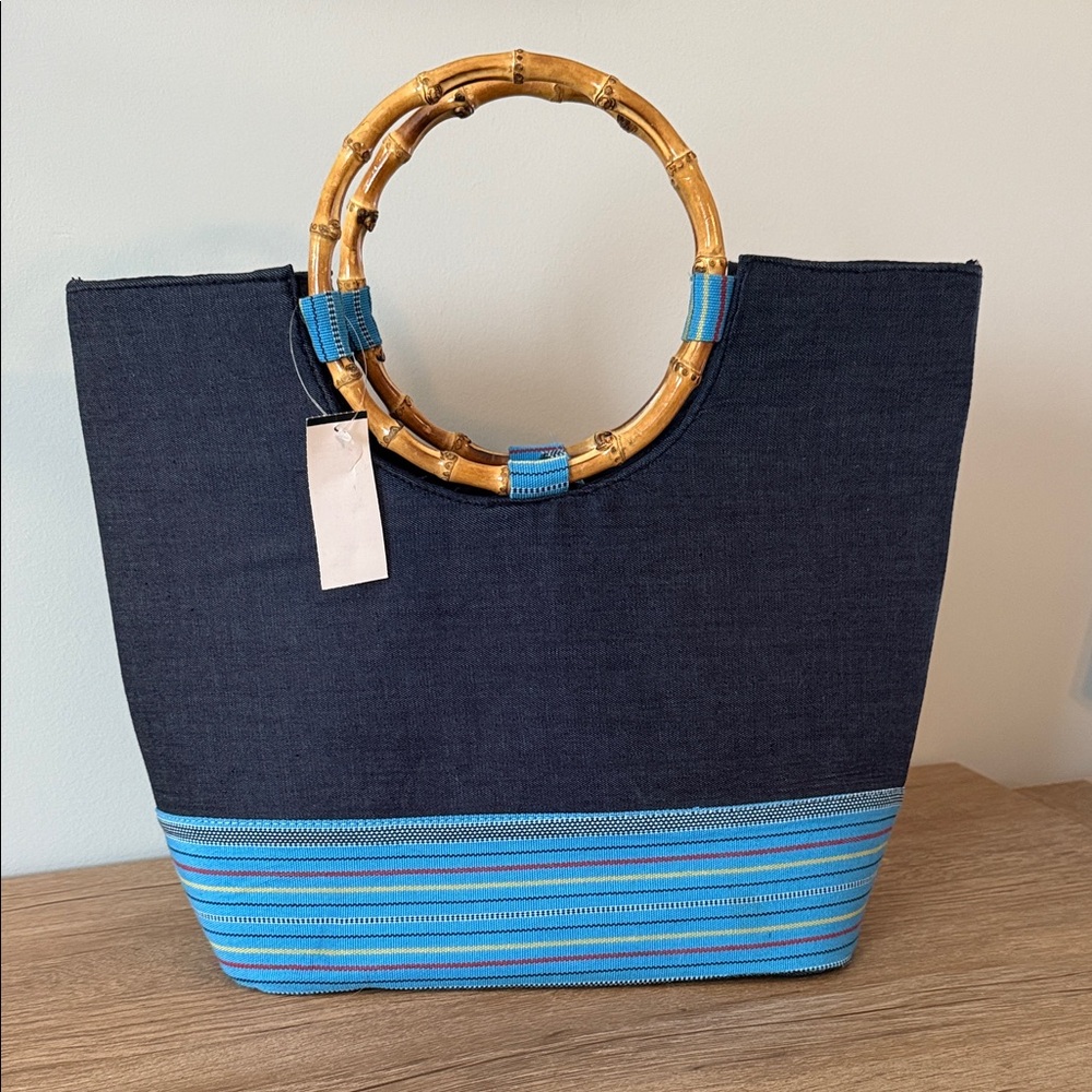 Stylish Denim and Blue-striped Handbag/Tote with Bamboo Handles, NWT